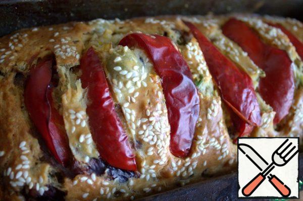 Bake for 45-50 minutes at 180*. Pepper end can be removed and sprinkle with cheese.