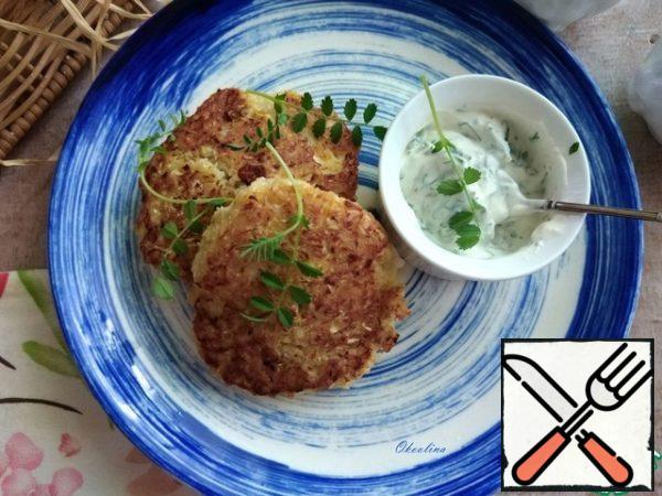 For pancakes, I will make a sauce of soft cottage cheese, sour cream, garlic and herbs. This is optional. You can serve pancakes simply with sour cream. Serve. Very tasty and flavorful!