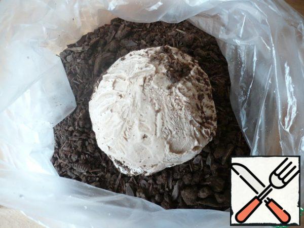 Put a ball of ice cream in the bag with cookies and chocolate pieces. Shake, lightly pressing the crumbs to the ice cream to completely cover the ball.