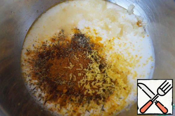 Put the yogurt in a bowl, add the juice and lemon zest, spices for the chicken to your taste, and garlic passed through the press. Stir well.