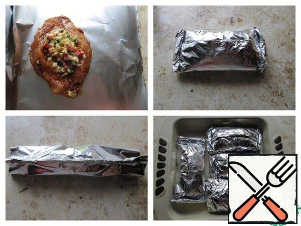On a piece of thick foil (thin roll in several layers) in the center lay out the fillet, fill with filling, wrap tightly in foil, bending the edges to avoid leaking juice. Place on a baking sheet and bake in a preheated 180-200 C oven until ready (about 30-40 minutes). Serve with a side dish or as an independent dish.