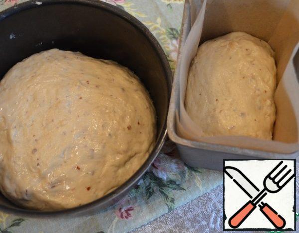 Cover the dough and put it away for 1 hour in a warm place for fermentation.
Then knead the dough, put it in a form greased with oil or silicone. I divided the dough into 1/3 and 2/3, baked two loaves.