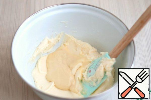 Next to the butter mix add condensed milk (120 gr.). The mixture is whipped with a mixer into a homogeneous smooth mass.