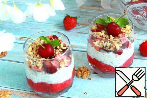 Before serving, put the cherry cut into pieces on top and sprinkle with chopped nuts. Garnish as desired and serve.