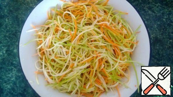 In a large bowl, put: zucchini, carrots, onions, garlic .