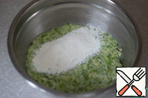 Add the flour and mix. Flour may need a little more or less depending on the juiciness of the zucchini.