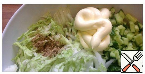 Add mayonnaise, coriander, ground black pepper. Carefully mix everything.