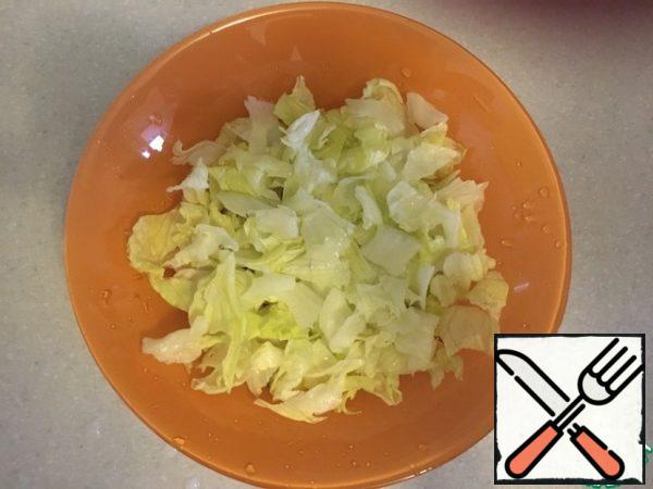 Pick lettuce leaves into a plate.
