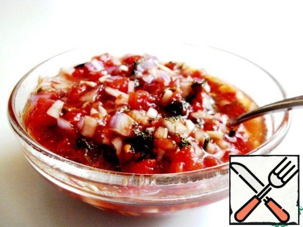 soy sauce, sugar, and olive oil. Add finely chopped herbs.
Mix well and leave for 10-15 minutes to taste.