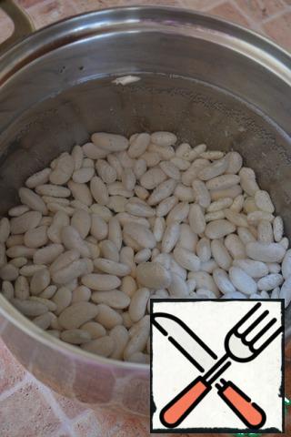 Soak the beans in cold water overnight or for 8-12 hours. Rinse, pour into a pot, pour in cool water, bring to a boil. Cook under the lid on low heat for 1 hour.