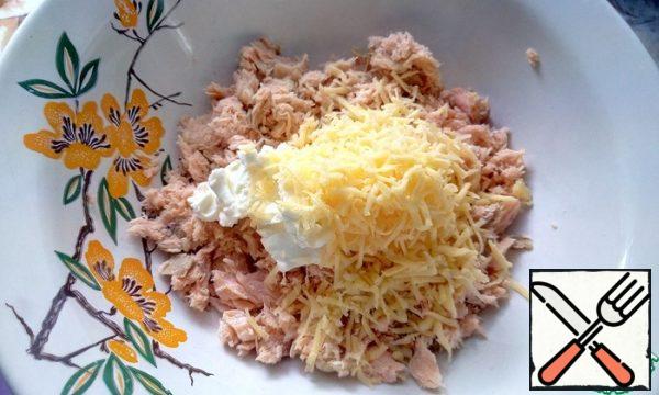 Add cream cheese and any semi-hard cheese grated on a fine grater.
