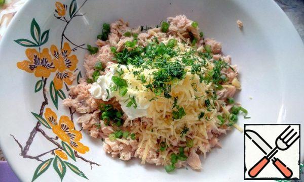 Add chopped herbs – dill and green onions.
