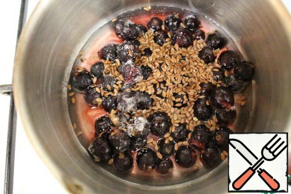 In a saucepan, add the currants (can be frozen), sugar, vanilla, cardamom and flax seed. Add water to cover the bottom.