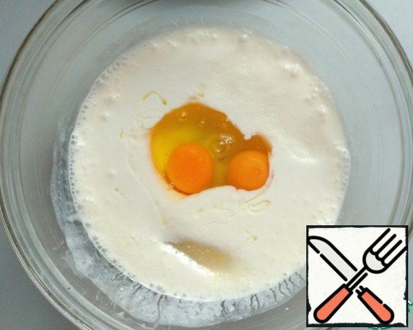 Add eggs, salt, and sugar. Stir.