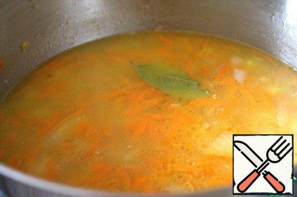 Dilute with water, as the broth is saturated, throw the Bay leaf, try for salt.