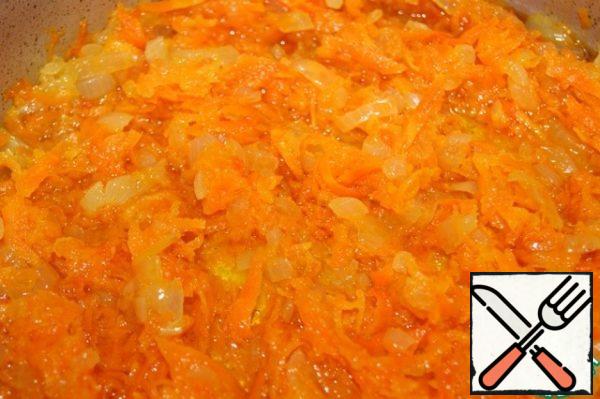 Finely chopped onion and grated carrot fry gently until Golden brown in oil.