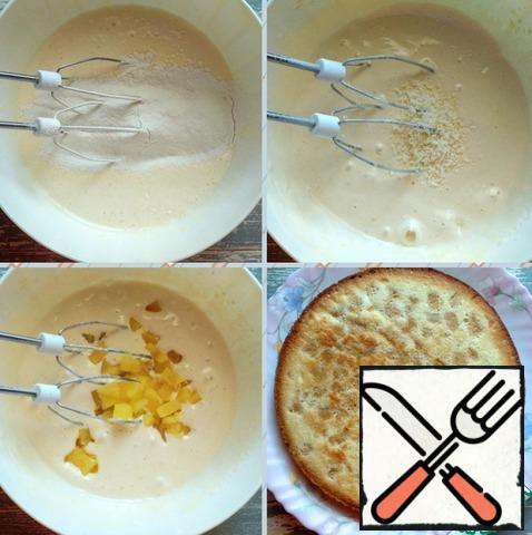 The next one will be a coconut-pineapple sponge cake. Combine eggs with sugar. Beat with a mixer at high speed until a fluffy foam for at least 5 minutes. Sift the flour and mix on a low speed mixer. Add coconut shavings and canned pineapple, cut into pieces. The rest of the pineapples can be baked with meat, make a salad or eat just like that :) And we will need the syrup in the jar for impregnation. Transfer the dough to a detachable baking dish (diameter 20 cm), cover the bottom with foil or parchment. Cook in an oven preheated to 180 degrees for 20 minutes. Remove the mold from the oven, let stand for 10-15 minutes, then remove from the mold.