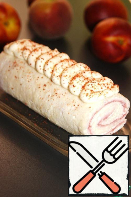 Wrap in baking paper with candy and put in the refrigerator for a couple of hours.
Decorate the finished roll with the remaining cream and sprinkle with dry strawberry crumbs.
