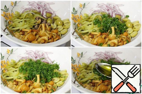 Cut the boiled beef into cubes.
Pickles-straws.
Olives add entirely, but large can be and cut.
Red onion cut into feathers, dill and green onion finely cut.
