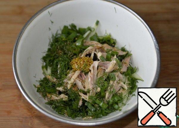 Put chopped dill and green onions in the salad. Add salt, pepper mixture, mustard, olive oil to taste.