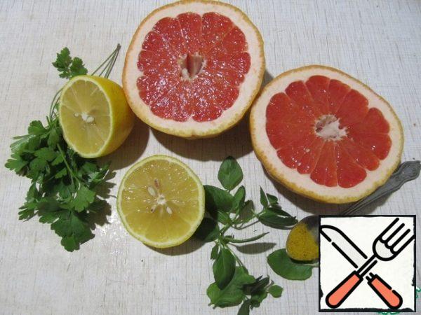 To prepare citrus and herbs.
Squeeze juice from lemon and grapefruit, greens finely chop.