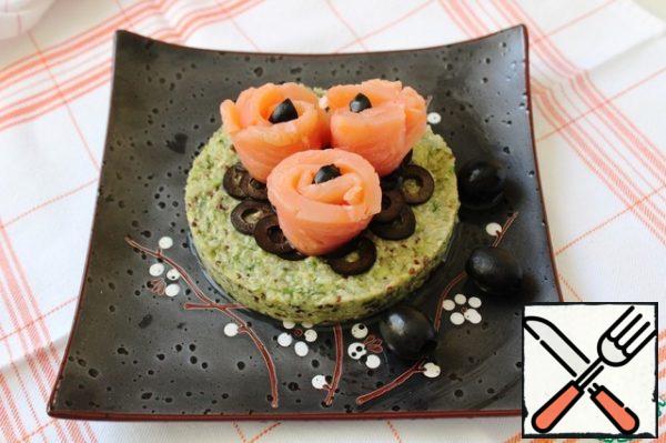 On olives-rolls of salmon strips. I didn't fix it with anything.