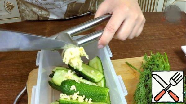 Garlic press through the press. You can also use a small grater. Adding it to the container.