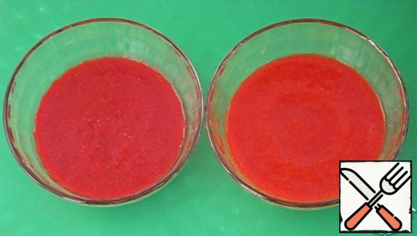 Chop them in a blender and RUB through a sieve.
You should get 250 g of strawberry and raspberry puree.