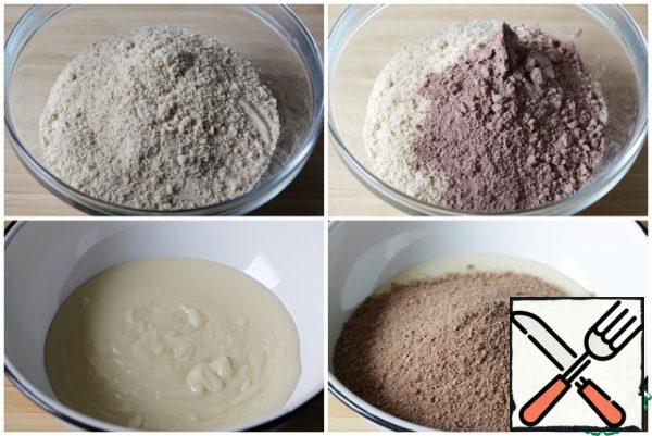 Chop the cookies into crumbs, mix with cocoa powder, put the mixture in the custard and mix well.