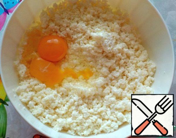 Then two eggs, mix.