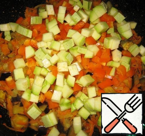 Add them to the pan with the rest of the vegetables and continue to fry over medium heat.