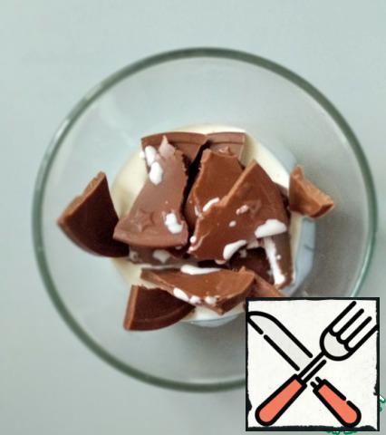 For 30-40 minutes before the start of the preparation of the cocktail, put the milk in the freezer.
Then break the chocolate into pieces, add cream ( I have 20 %).