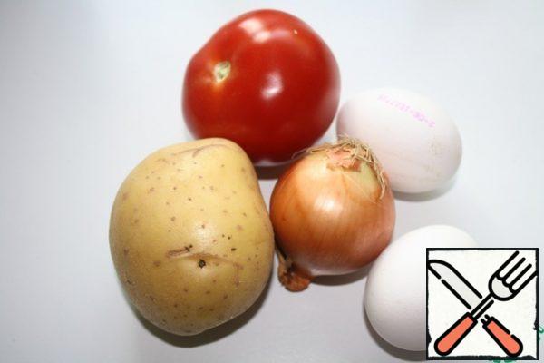 These are the products we will need.
I have enough for one good serving. If desired, the proportions are increased.
Make incisions on the tomato and pour boiling water, let it stand and remove the skin. Cut into rings.