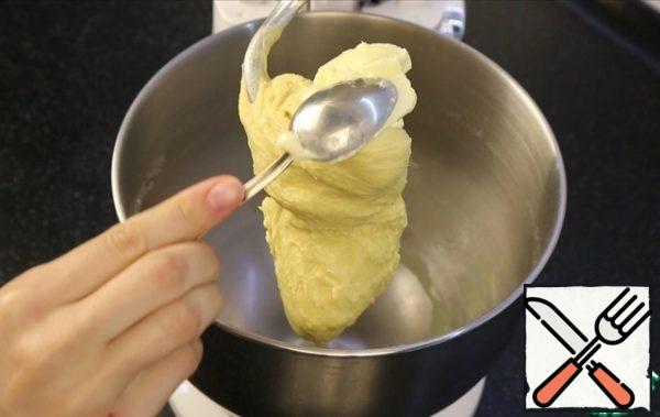 The dough will gather into a ball, will be soft, but not sticky.
Add all the butter at once and continue kneading for another 10 minutes. Hands 15.