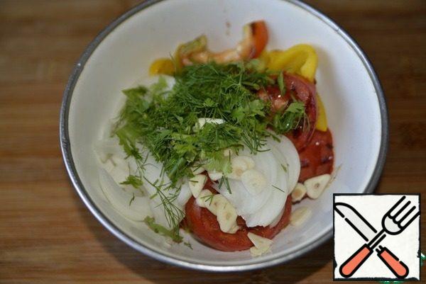 Add chopped greens. This snack likes an abundance of greens, I have: coriander, dill and mint.