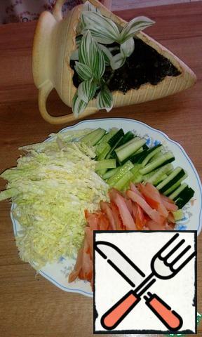 Cut the cucumber, cabbage, and breast into strips.
