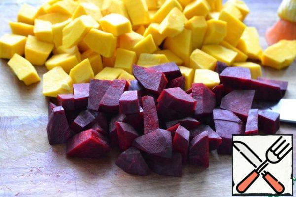Peel the beets and cut into pieces that are smaller than the pumpkin ones.