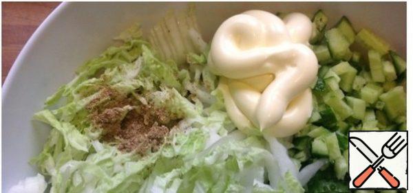 Add mayonnaise, coriander, ground black pepper. Carefully mix everything.