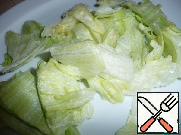 Tear a leaf of lettuce into small pieces.