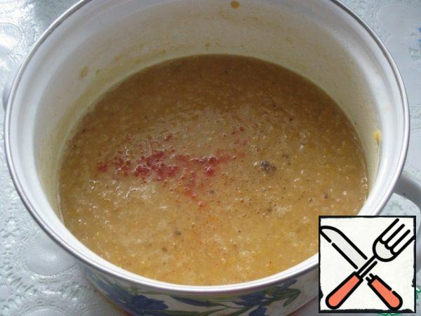 Mix lentils and buckwheat, add onion and garlic.
Grind lightly with a blender until puree.
Add spices to taste.  The puree should be thick enough.