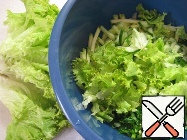 In a bowl, combine chopped zucchini, cucumber, herbs and green onions.
Tear lettuce leaves into small pieces into a bowl with vegetables.
