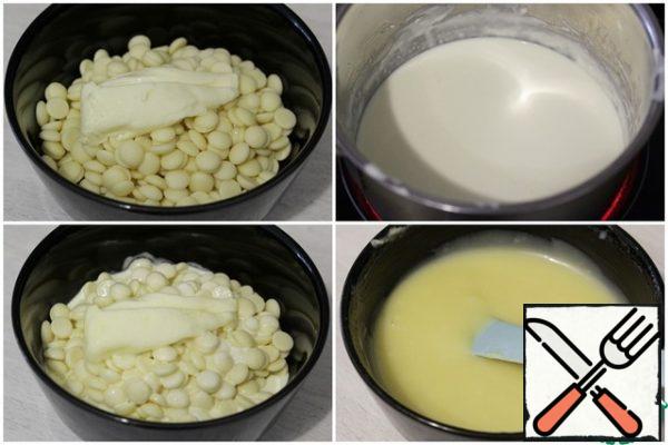 Put the chocolate in a bowl (leave the callets as they are, if you have chocolate bars – finely chop).
Add to it 10 ml of lime juice and softened butter (do not stir).
Remove the zest from the cream, bring the cream back to the boil and pour it over the chocolate. Stir in one direction until smooth. Cover with clingfilm and leave at room temperature for an hour, then put in the refrigerator for at least 6 hours.
