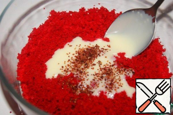 Add to the crumbs 1.5 tbsp condensed milk, dry ground strawberries and 1 tbsp Nutella chocolate paste. ( I wanted the strawberries to have a more natural color, and the paste to smooth out the bright red)