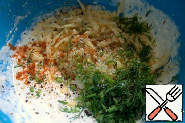 Chop the greens, I have dill and any spices.