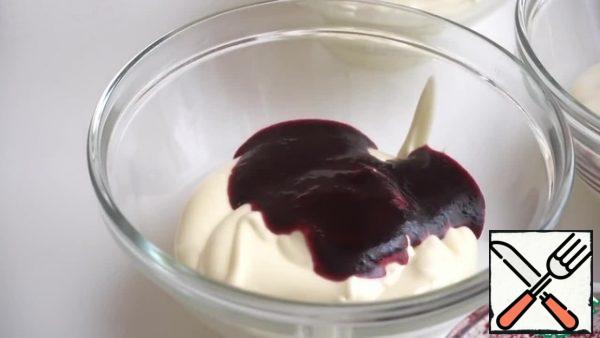 Add one tablespoon of blueberry puree to one bowl, two tablespoons to another, and three tablespoons to a third.