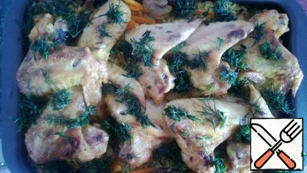 Remove the foil and send it back to the oven to fry the wings until Golden brown. Garnish with herbs before serving.