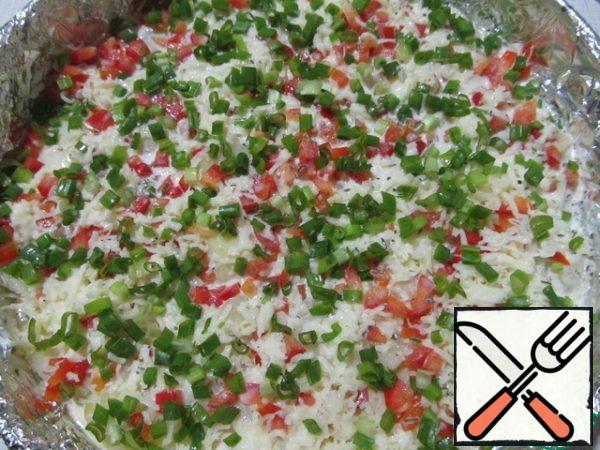 Sprinkle 1/3 of the vegetables and cheese, pour 1/3 of the egg-cream mass.
Then lay out the remains of potatoes, vegetables, cheese in layers, pour the remaining egg-cream mass.
Bake in the oven for 60 minutes.
If necessary, cover the "cake" with foil.