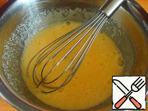 Beat eggs with sugar. I whipped with a simple broom, the blender will handle it better.