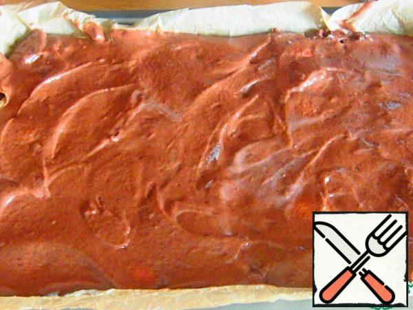 Spread the rest of the dough on top, using a spoon dipped in water for ease. Put the pie in the preheated oven and bake at 180 degrees for 45 minutes, check the readiness with a match. If the pie is not baked yet, reduce the temperature to 170 degrees and bake until ready. My total baking time was 55 minutes. Be guided by your oven.