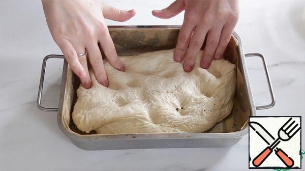 Brush a baking sheet or pan with olive oil and herbs, lay out the dough and spread it over the shape with your fingertips.